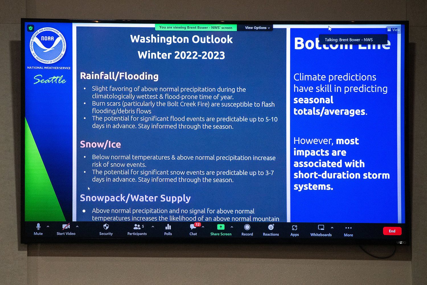 An outlook on winter weather for Washington is displayed during the annual flood meeting held at Jester’s Auto Museum in Chehalis on Thursday.