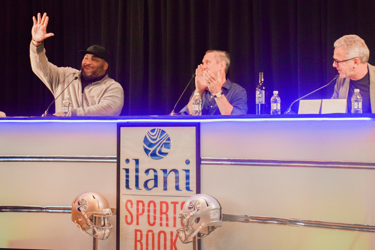 From left, former Seahawks offensive tackle and NFL hall of famer Walter Jones, former NFL quarterback and Washington State University alum Drew Bledsoe, and sportscaster Neil Everett take part in a question and answer session during a grand opening for sports betting at ilani Nov. 6.
