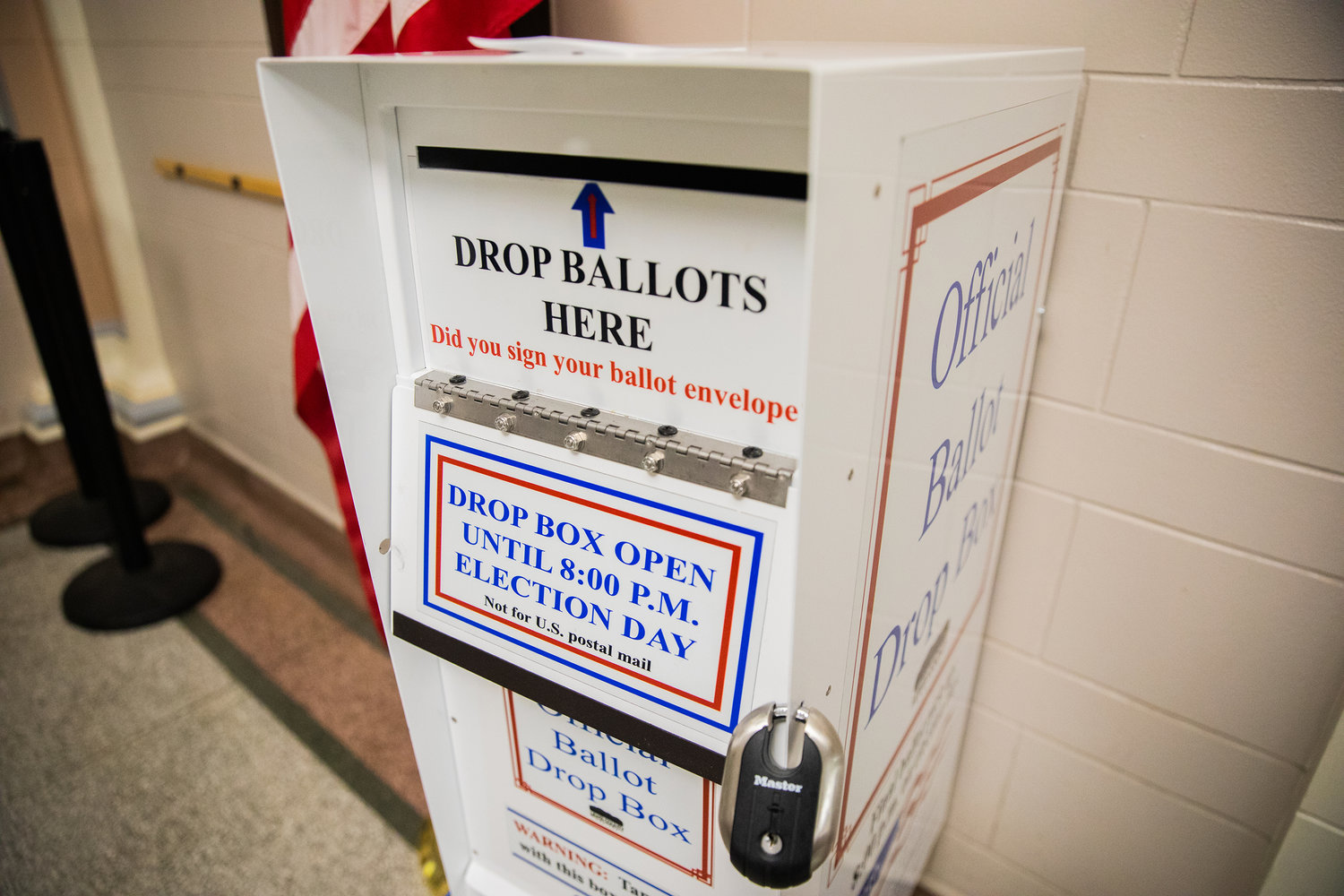 An official ballot drop box sits inside the Lewis County Courthouse in Chehalis earlier this month.
