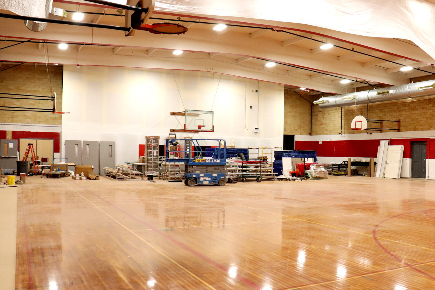 Renovation work in the old gym at Oakville Middle/High School remains in progress on Wednesday.