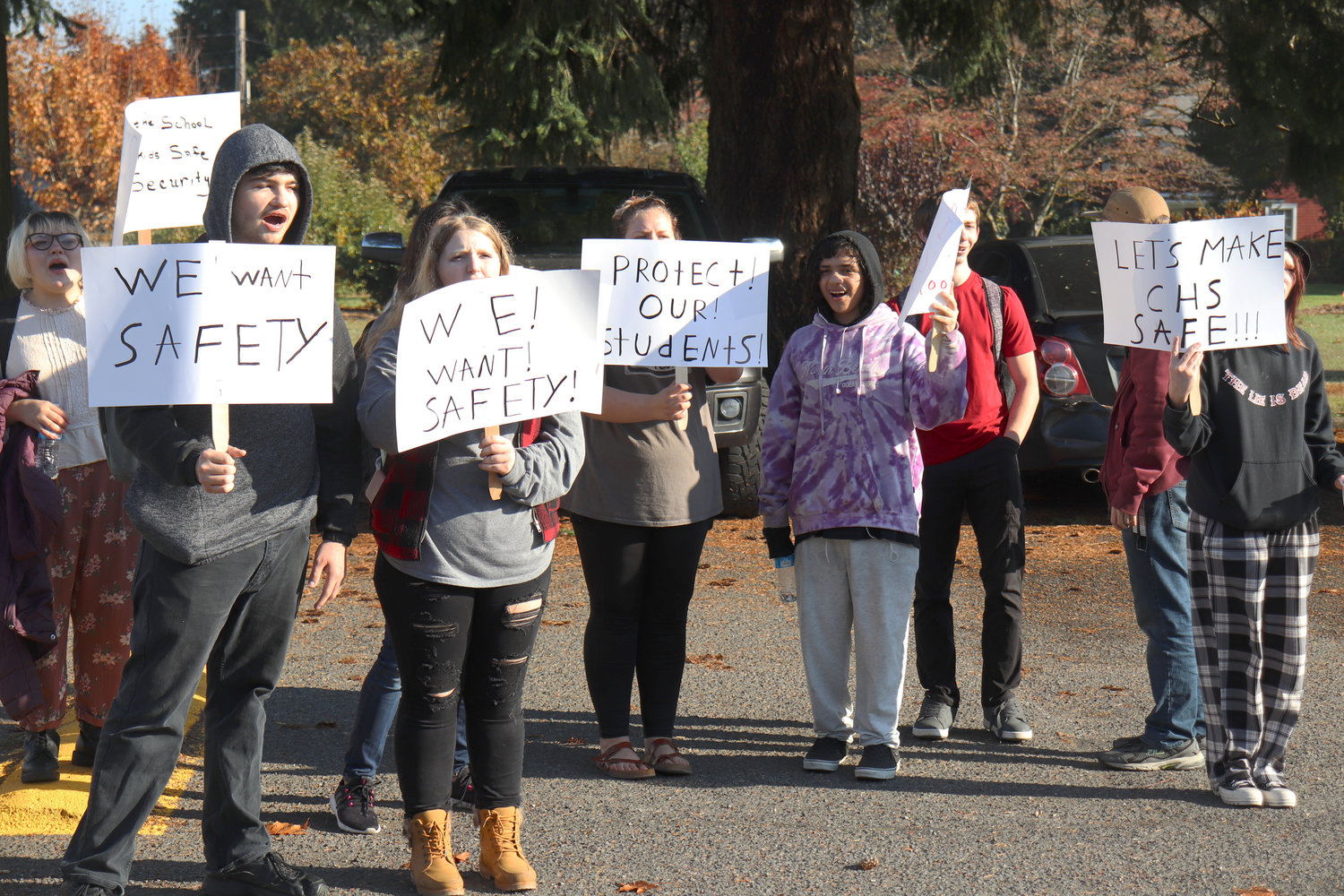 Centralia High School students protest outside the Centralia School Administration Office during a protest over safety and security concerns on Thursday.