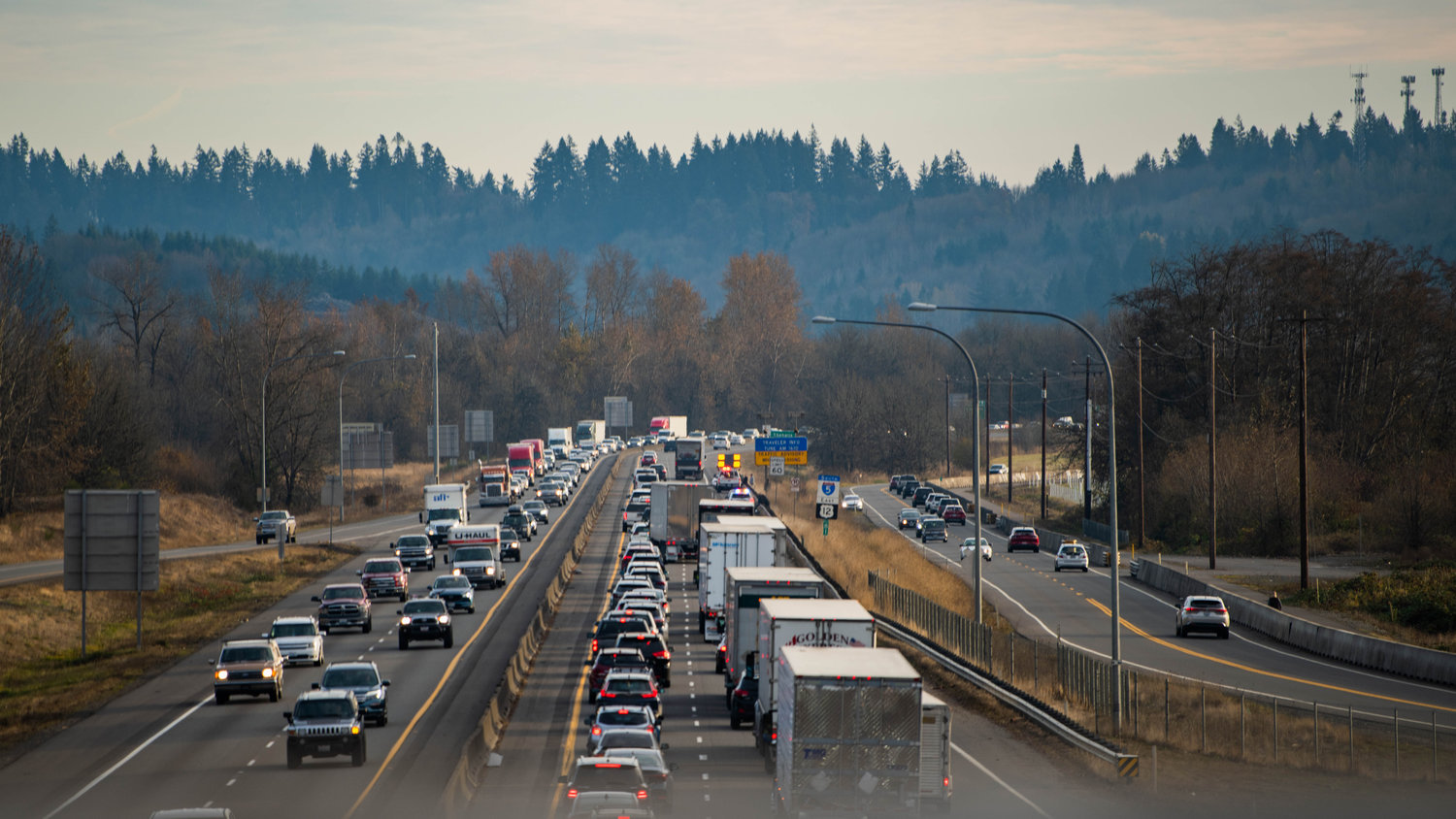Traffic backs up along Interstate 5 in Centralia as WSDOT responds to the scene of a crash on Sunday.