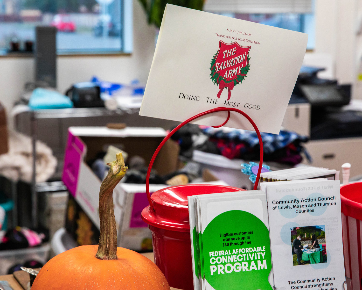 A Salvation Army Red Kettle sits on display Monday in Centralia.