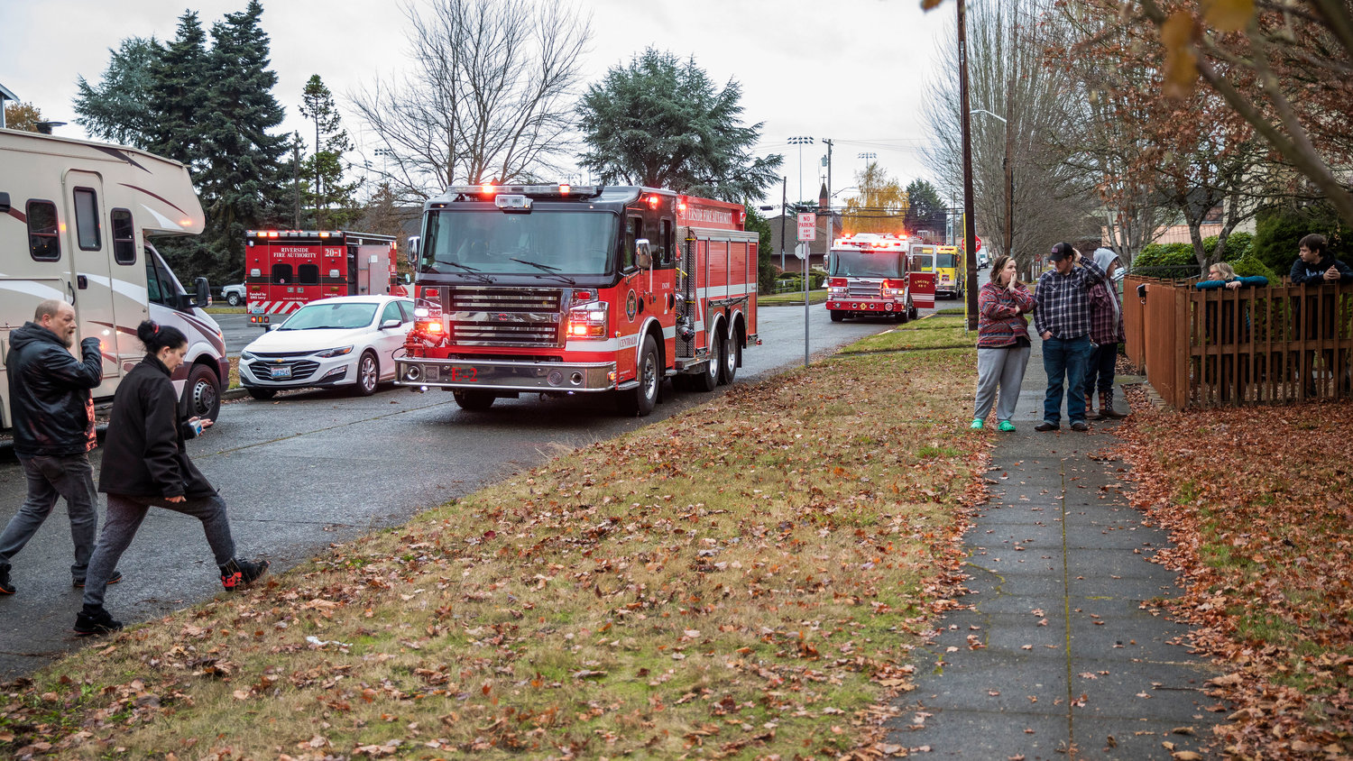 Riverside Fire Authority responds to a residential fire in the 200 block of North Rock Street in Centralia on Friday.