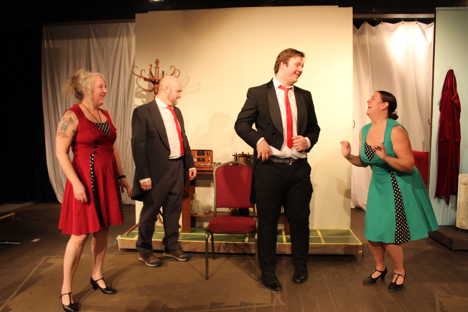 Singing duo Bob, portrayed by Noah McKenzieSullivan, and Phil, portrayed by Sean-Patrick McNeal, talk with chorus girl admirers Rita, portrayed by Michelle Lucero, and Rhoda, portrayed by Nicole Galyean in "White Christmas."