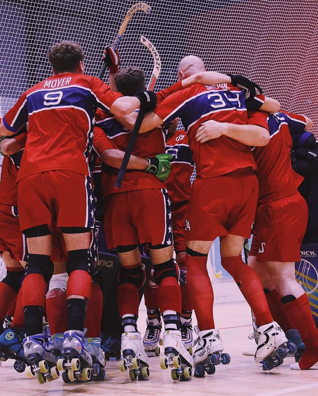Team USA huddles before a roller hockey match at the World Roller Games in San Juan, Argentina earlier this fall. Photo courtesy of Jennifer Locy.