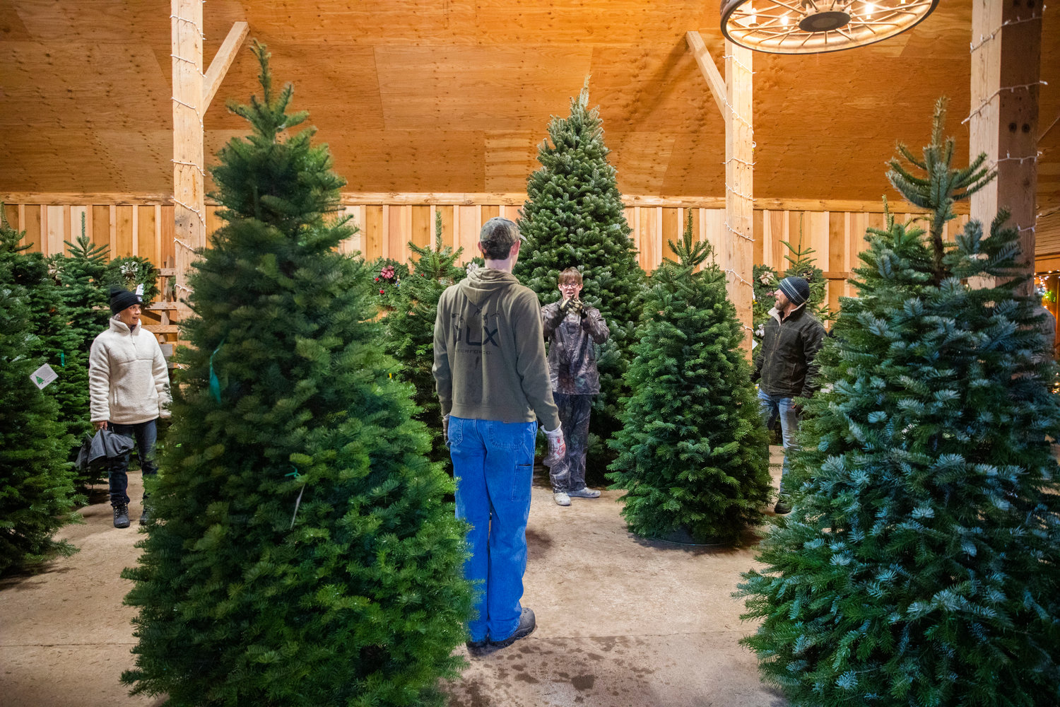 Visitors and employees mingle around Christmas giants at the Mistletoe Tree Farm west of Chehalis on Friday.