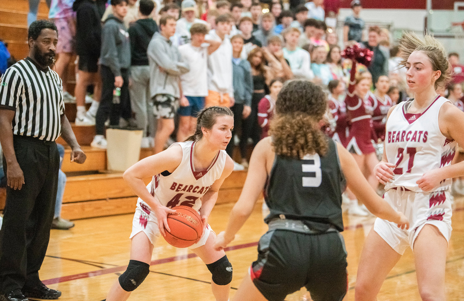 Bearcat sophomore Amanda Bennett (42) looks to dribble during a game against R.A. Long Tuesday night in Chehalis.