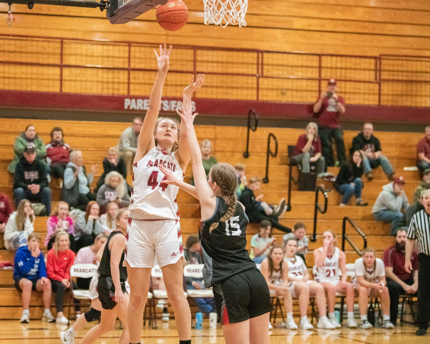 Bearcat sophomore Julia Dalan (44) puts up a shot during a game against R.A. Long Tuesday night in Chehalis.