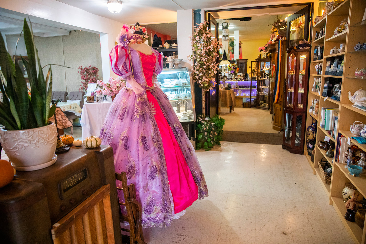Dresses and antiques sit on display at The Victorian Showcase and Steampunk Emporium in downtown Centralia on Friday.