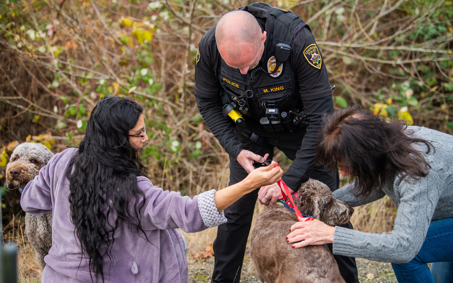 Maricruz Valencia, of Rochester, holds a leash so Officer M. King, with the Centralia Police Department, could gather information as April Thornton, of Centralia, helps find the tags for Buddy and Spike, two poodle-crosses, who left their property along Russell Road in Centralia before walking through traffic near Interstate 5 where they were captured off Airport Road and later returned to their owner.