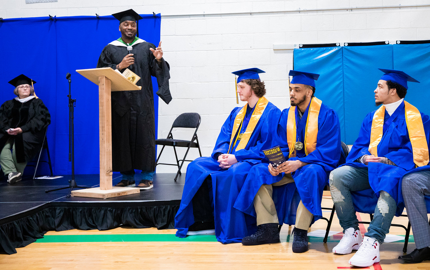 Rashad Norris smiles while talking about the importance of education during a graduation ceremony for Centralia College graduates held in the Green Hill School on Wednesday.
