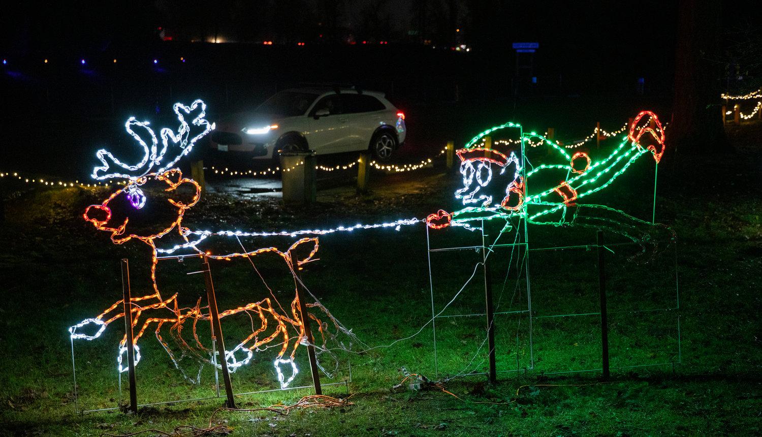 Christmas lights illuminate Borst Park Thursday night as cars drive through to view the display.