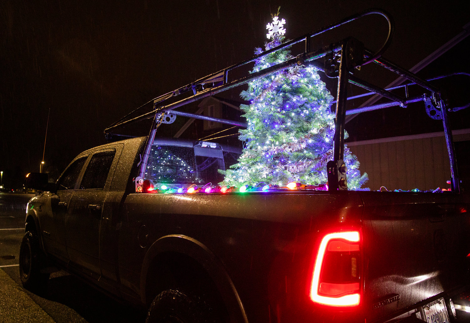 A tree is illuminated with Christmas lights inside the bed of a truck parked outside Borst Park Thursday night in Centralia.
