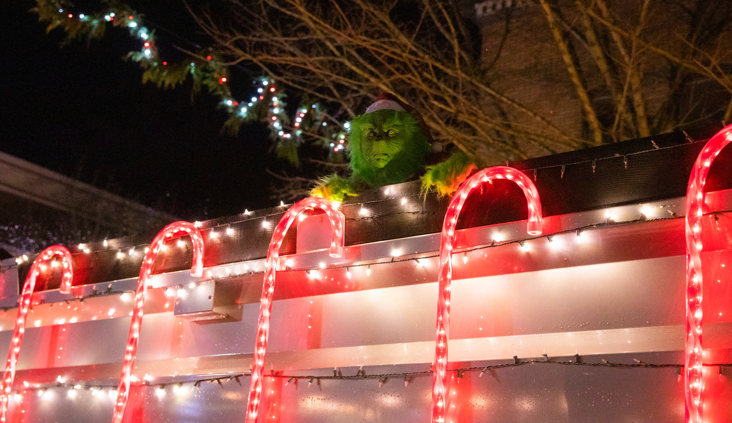 The Grinch peers down from a float during the Lighted Tractor Parade Saturday night in downtown Centralia.
