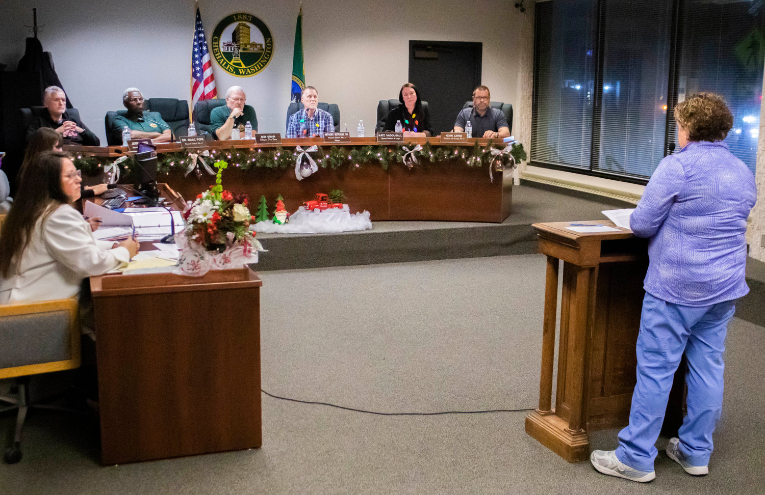 Providence Centralia Hospital nurse Diane Stedham-Jewell speaks out during the public comment section of Chehalis City Council’s regular meeting Monday night to ask for support in addressing staffing and safety issues she and her fellow nurses face every day at the hospital.