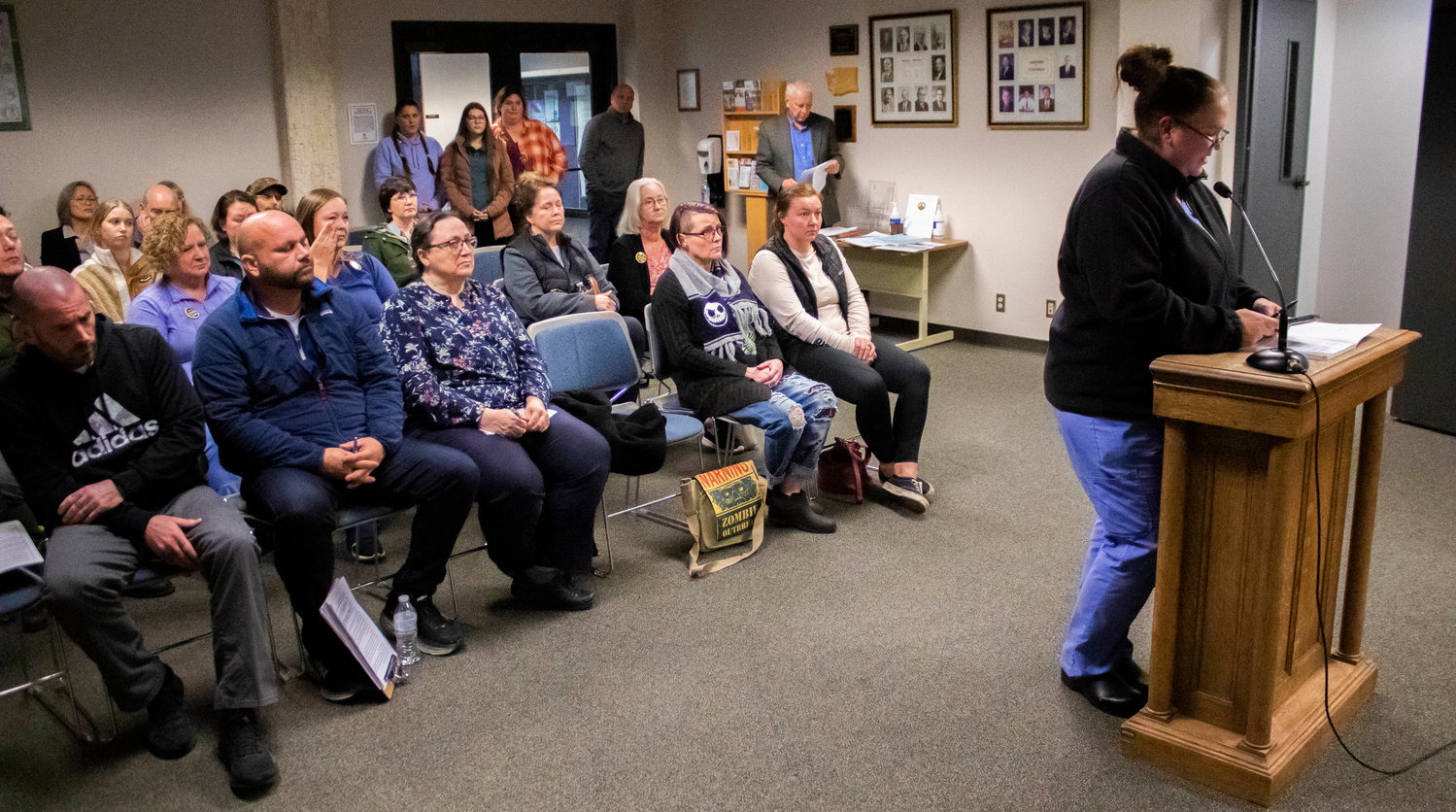 Providence Centralia nurse Randi Bieker addresses Chehalis City Council at its regular meeting Monday night to highlight many issues revolving around being short staffed that nurses working at Providence currently face during the public comment section.