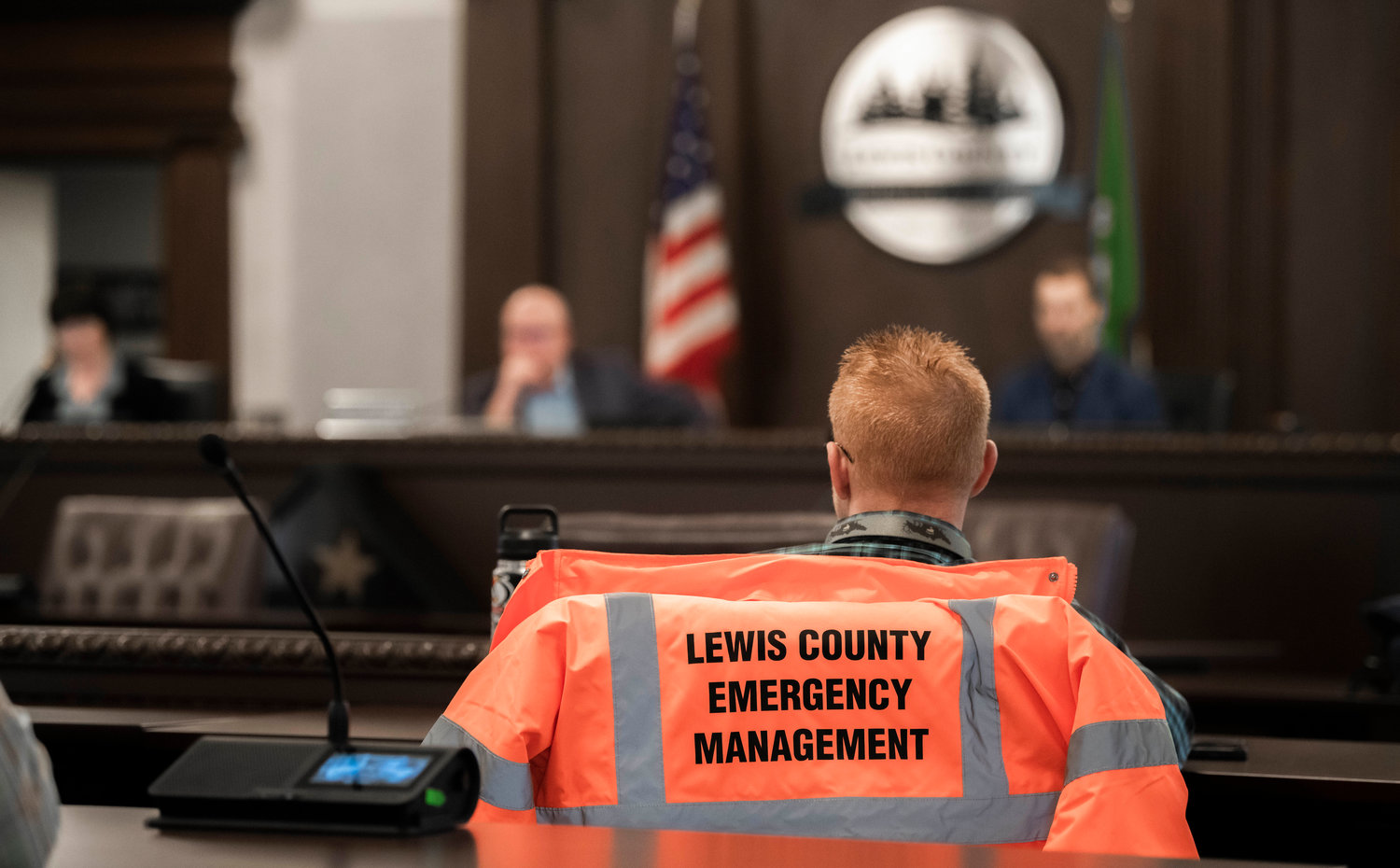 Josh Metcalf, with Lewis County Emergency Management, attends a meeting with county commissioners Tuesday morning in Chehalis.