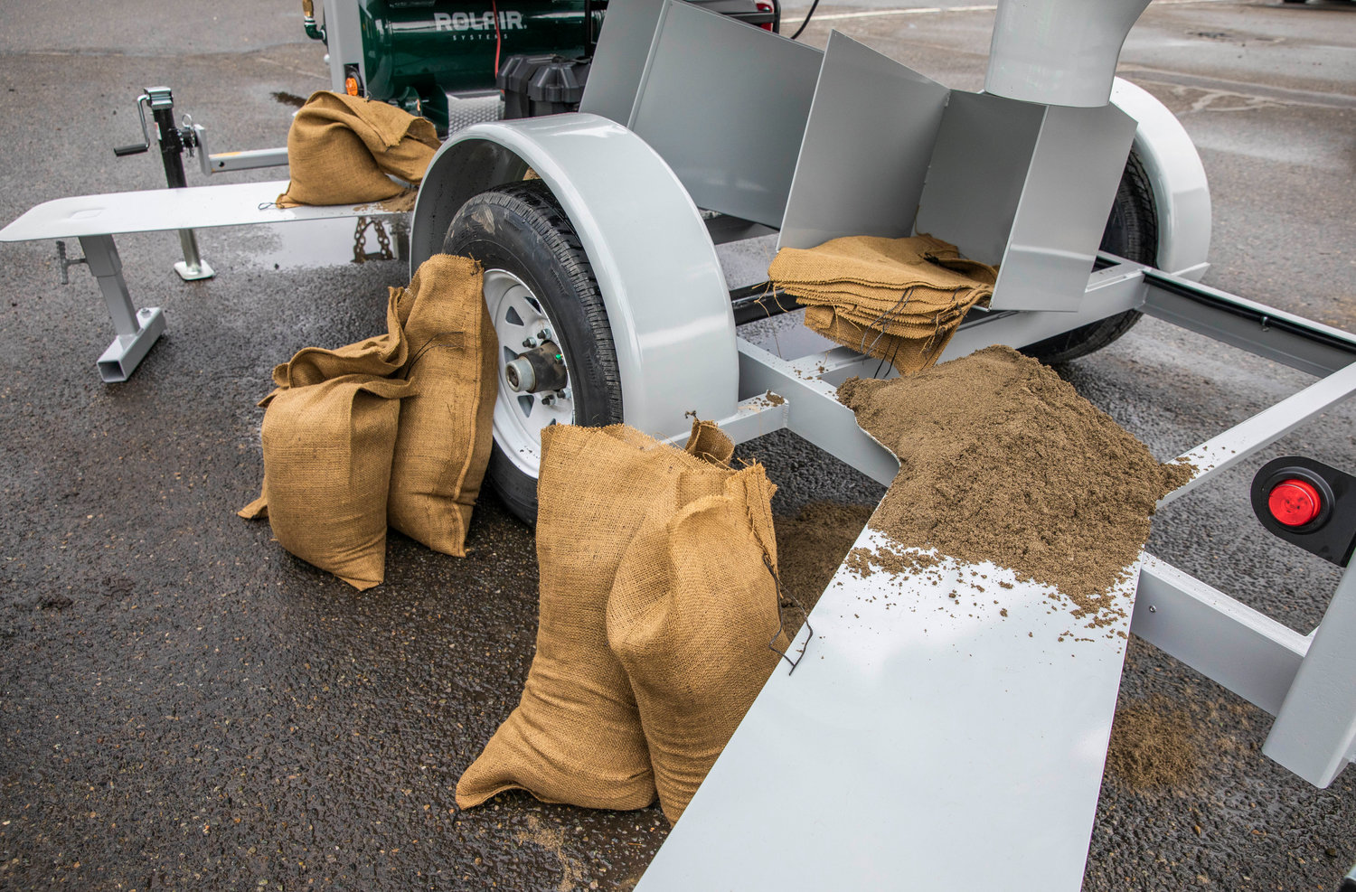 Sandbags are propped up against the City of Centralia’s new sandbag machine Monday at the Public Works shop on Reynolds Avenue.