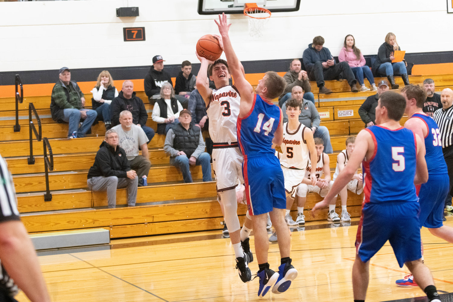 James Grose hits a contested fadeaway to break the Napavine single-game scoring record with 45 points during the Tigers' 81-50 win over Willapa Valley on Dec. 27,