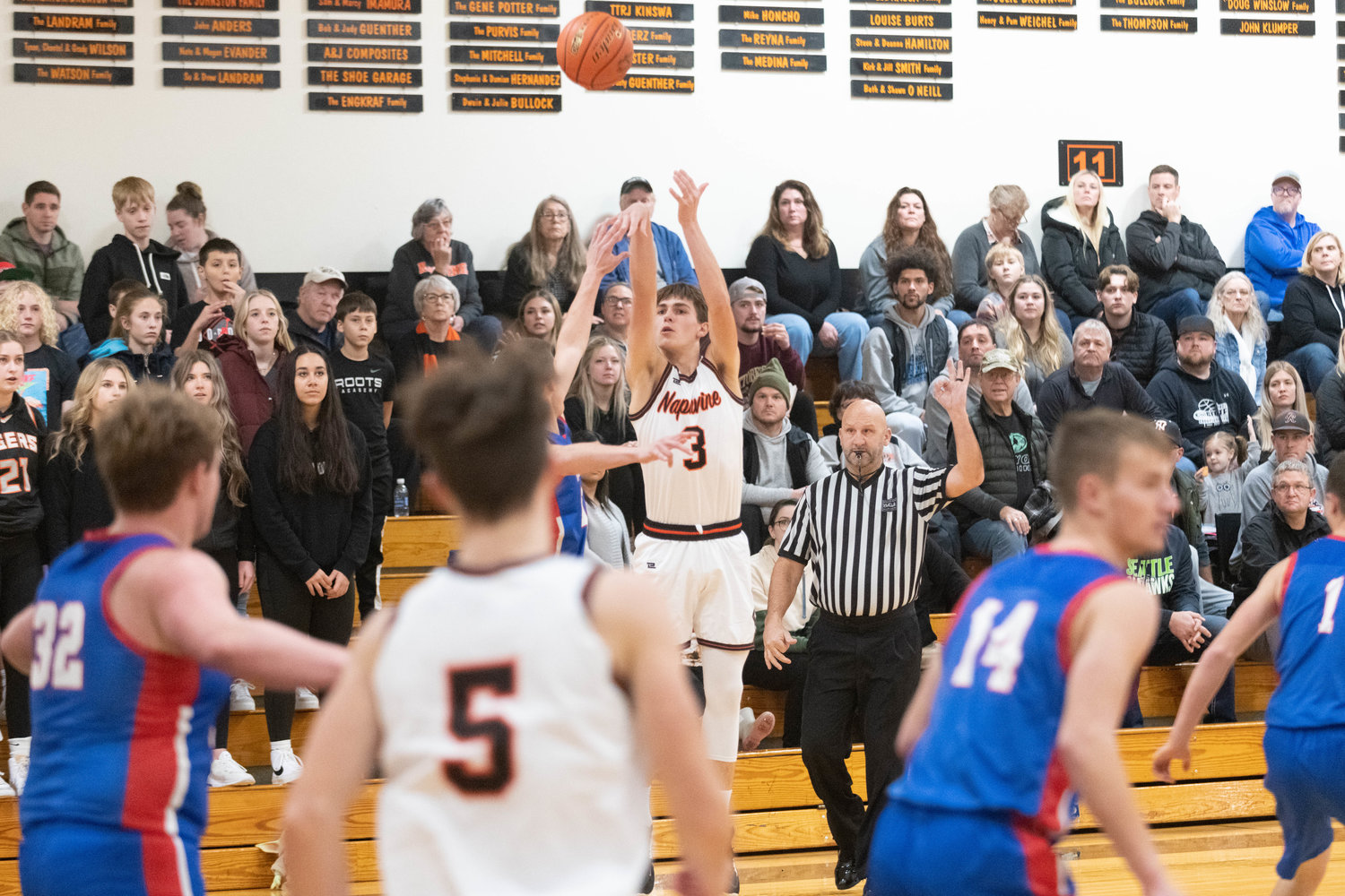 James Grose puts up the first of his 10 3-pointers during Napavine's 81-50 win over Willapa Valley on Dec. 27.