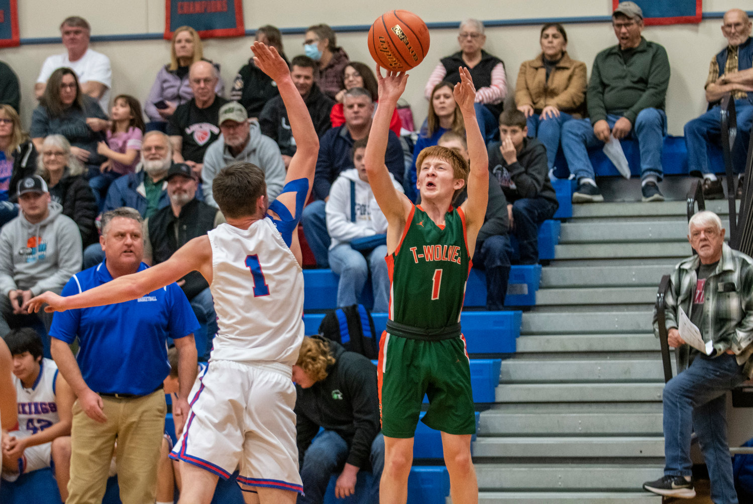 Morton-White Pass guard Jake Cournyer (1) shoots a 3-pointer against Willapa Valley during the Jack Q. Pearson Holiday Classic in Menlo on Dec. 29.