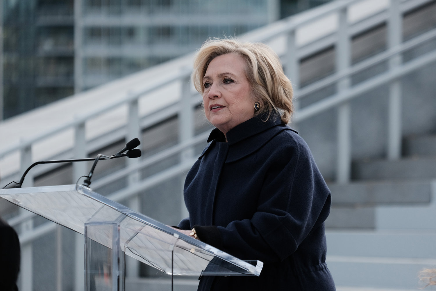 Former U.S. Secretary of State Hillary Clinton speaks at the opening of the Eyes on Iran art exhibition at Roosevelt Island's FDR Four Freedoms State Park on Nov. 28, 2022, in New York City. The exhibition includes numerous installations in support of the Woman, Life, Freedom campaign against gender-based violence in Iran. (Spencer Platt/Getty Images/TNS)