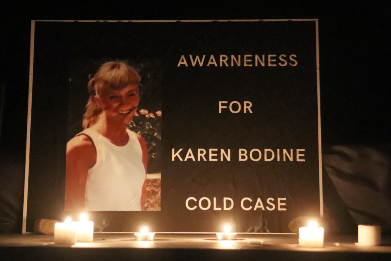 A display set up during a vigil held in January 2021 marking the 15th anniversary of the day Karen Bodine’s body was found on the side of Littlerock Road Southwest near Rochester.