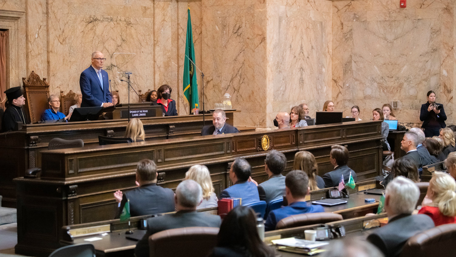Governor Jay Inslee delivers his 2023 State of the State speech at a joint session of the House and Senate during the first in-person session since 2020 Tuesday afternoon in Olympia.