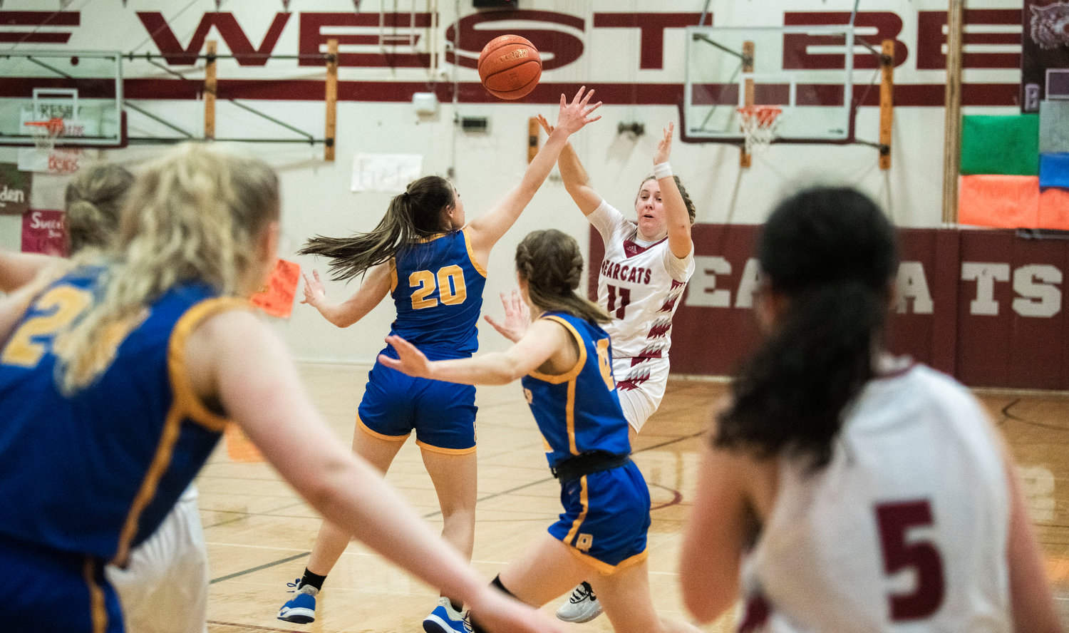 W.F. West’s Lena Fragner (11) looks to pass during a game against Rochester in Chehalis Thursday night.