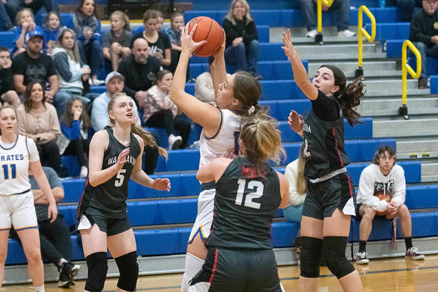 Karlee VonMoos comes down with the ball in the low post during Adna's 72-28 win over Wahkiakum on Jan. 13.