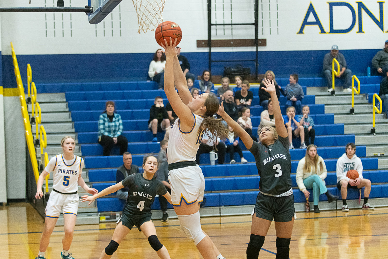 Karlee VonMoos goes up in the post for a bucket during the first quarter of Adna's 72-28 win over Wahkiakum on Jan. 13.