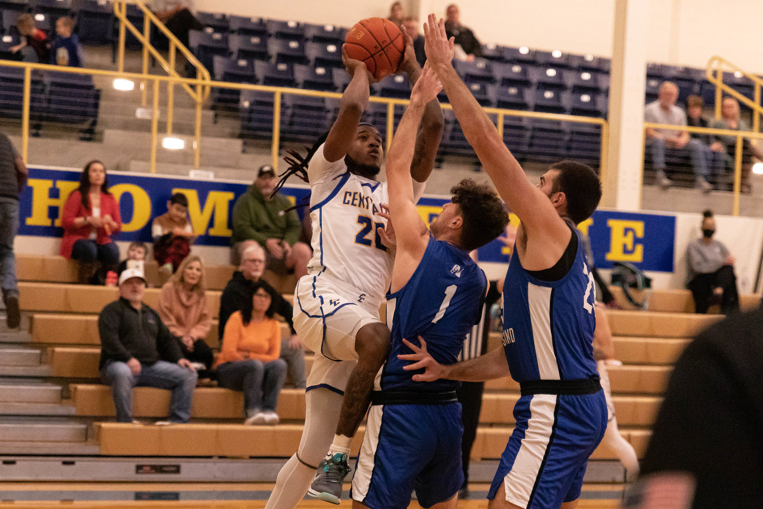 Centralia College guard Raymond Guillory takes a contested shot against South Puget Sound Jan. 14 at Michael Smith Gym.