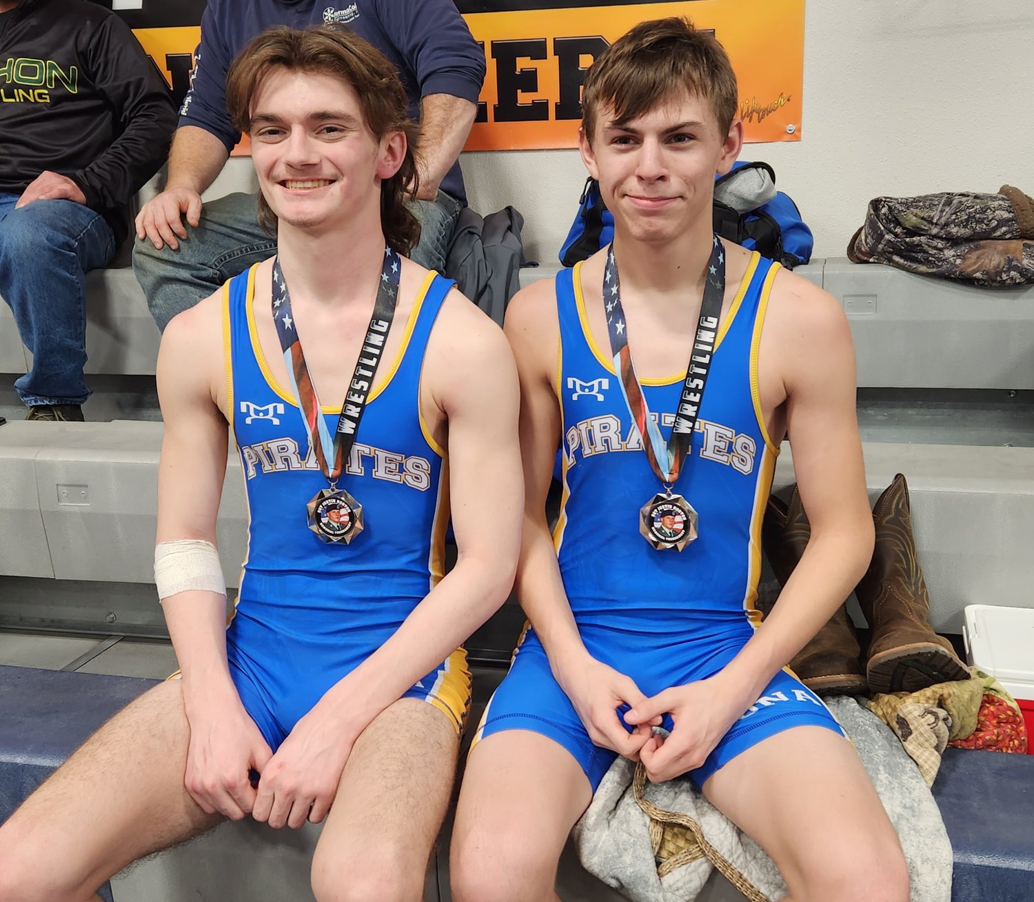 Adna wrestlers Kooper Moon (left) and Cohen Hartley (right) pose for a photo after the pair finished second in their respective weight classes this weekend at the Justin Norton Memorial Tournament in Rainier.