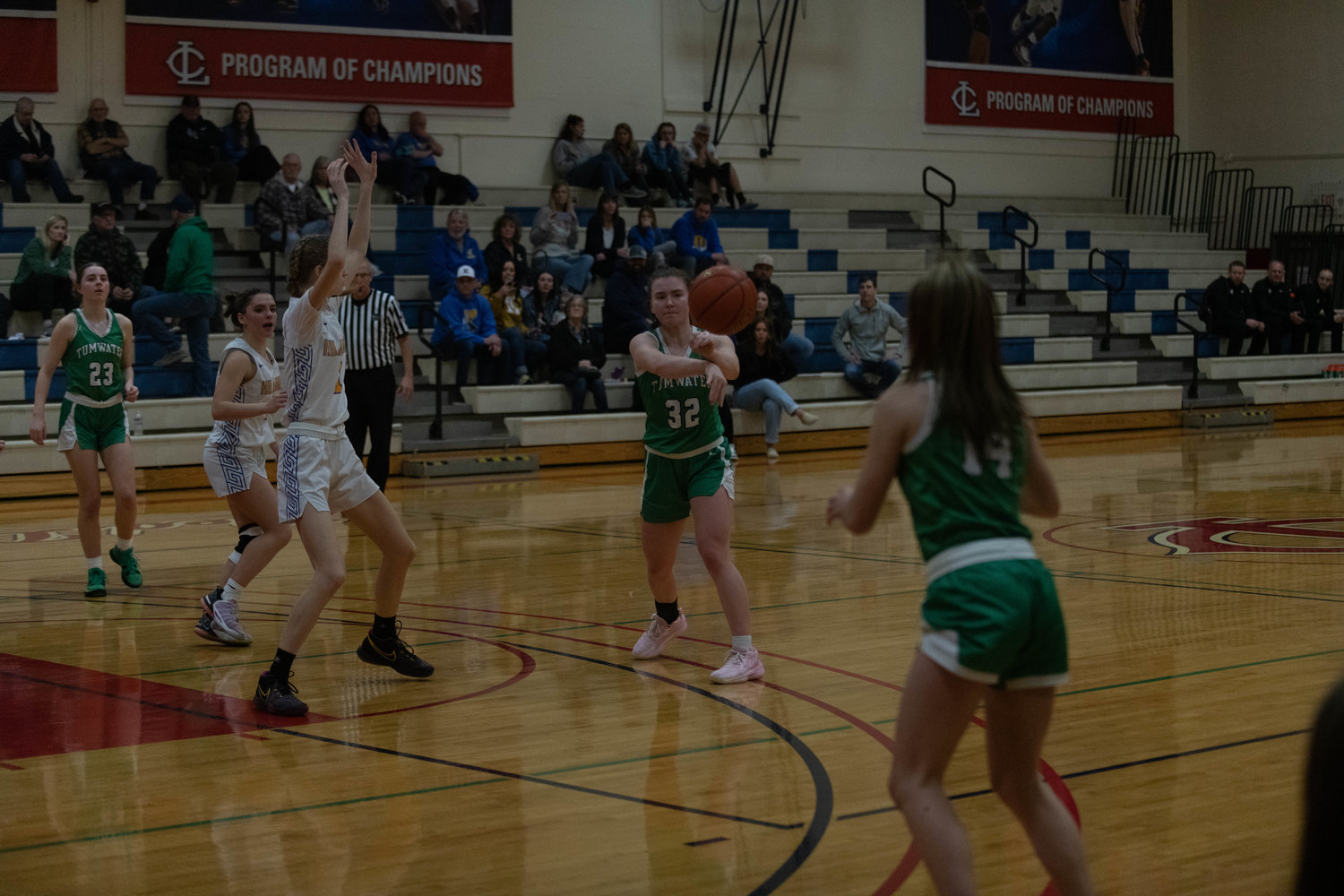 Cierra Larson throws a pass around the arc during the second half of Tumwater's 39-25 win over Kelso on Jan. 16 at the LCC MLK Day Classic in Longview.