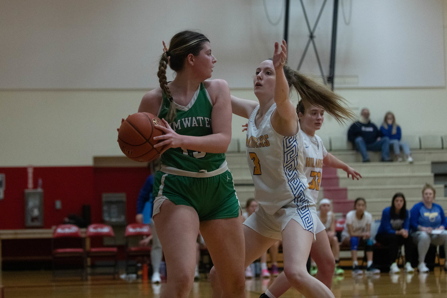Kendall Gjurasic looks for a pass out of the post during the first half of Tumwater's 39-25 win over Kelso on Jan. 16 at the LCC MLK Day Classic in Longview.