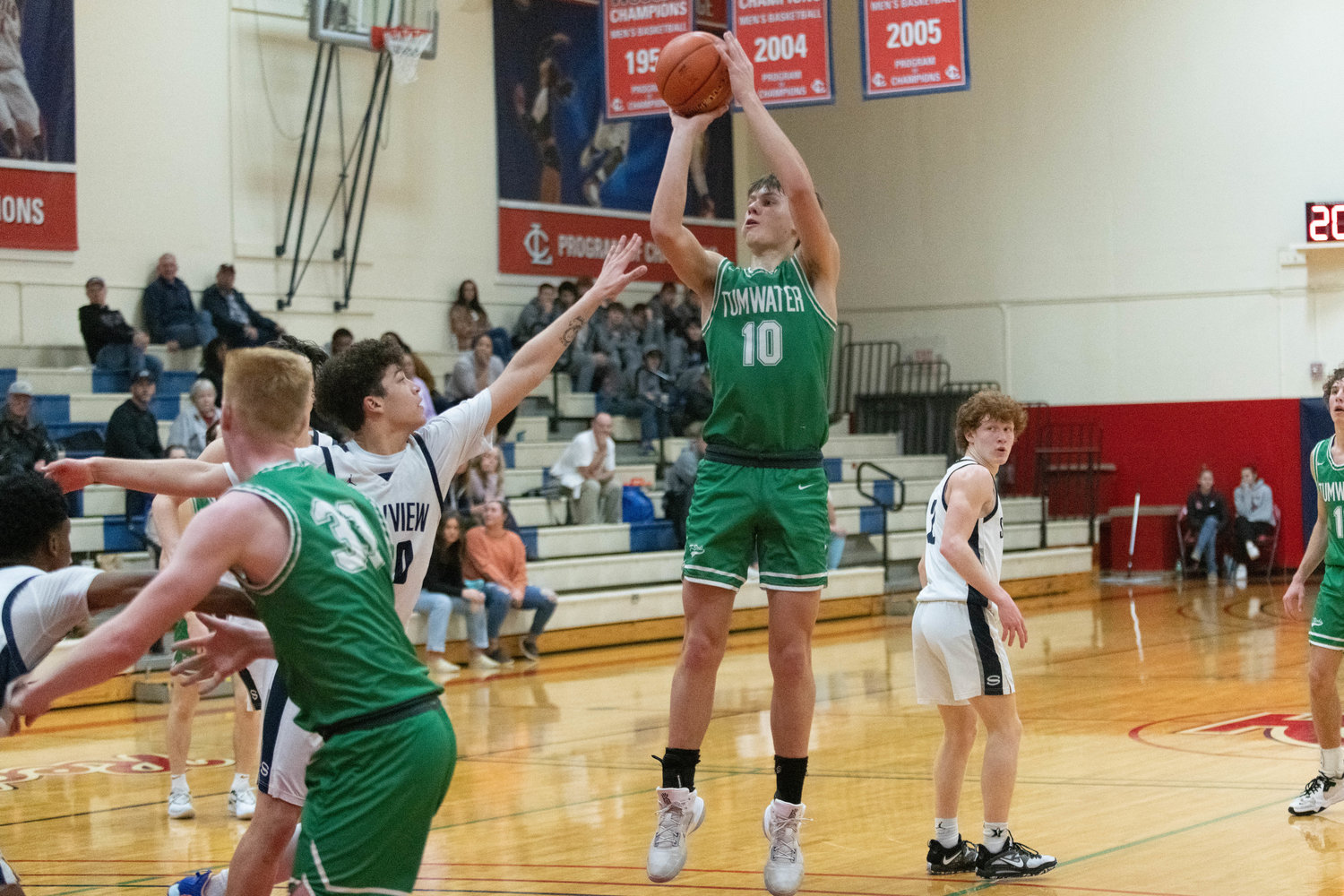 Andrew Collins takes a jumper during the second half of Tumwater's 63-61 win over Skyview on Jan. 16 at LCC's MLK Day Classic in Longview.