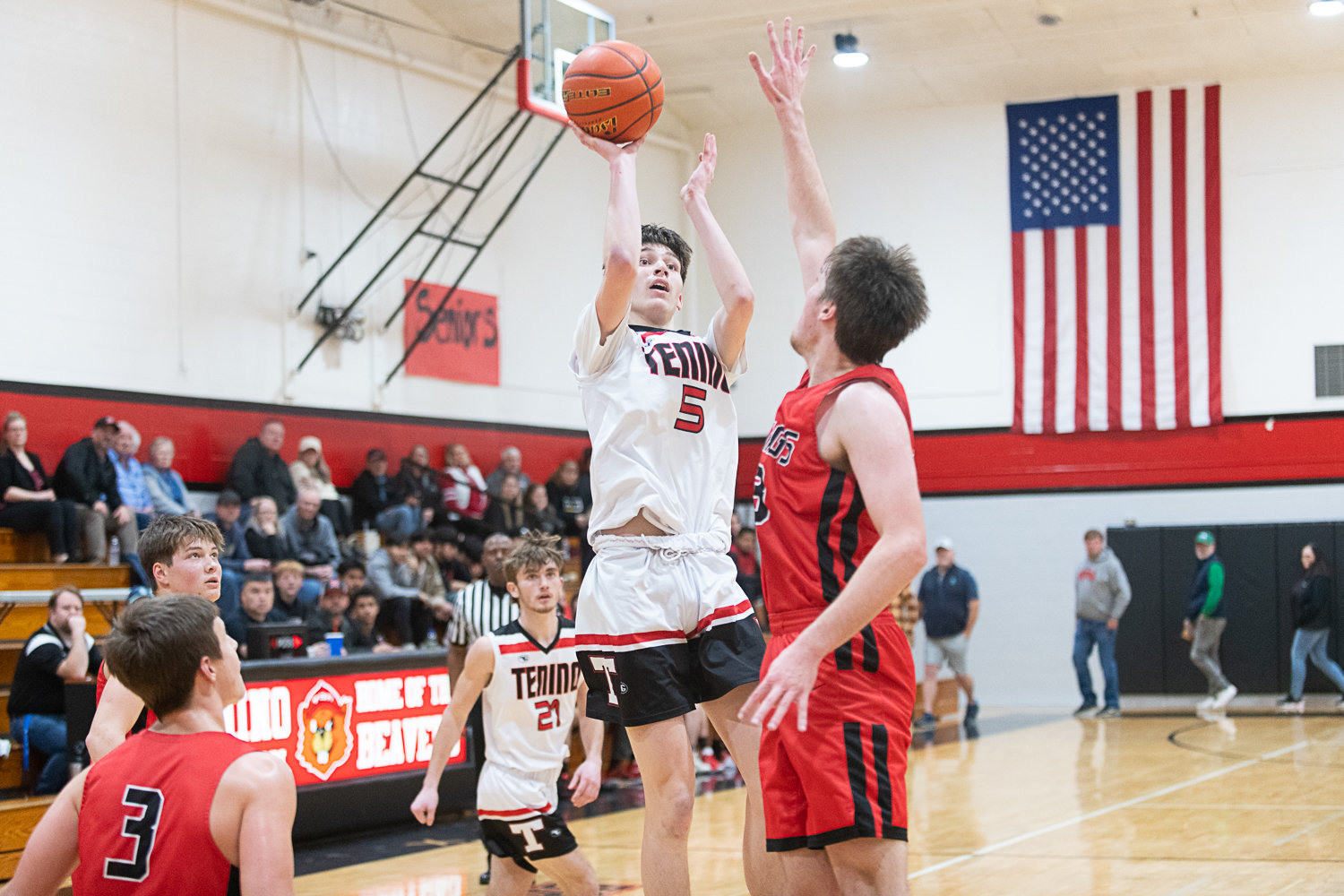 Noah Schow puts up a jumper during the second half of Tenino's 65-46 win over Mossyrock on Jan. 18.