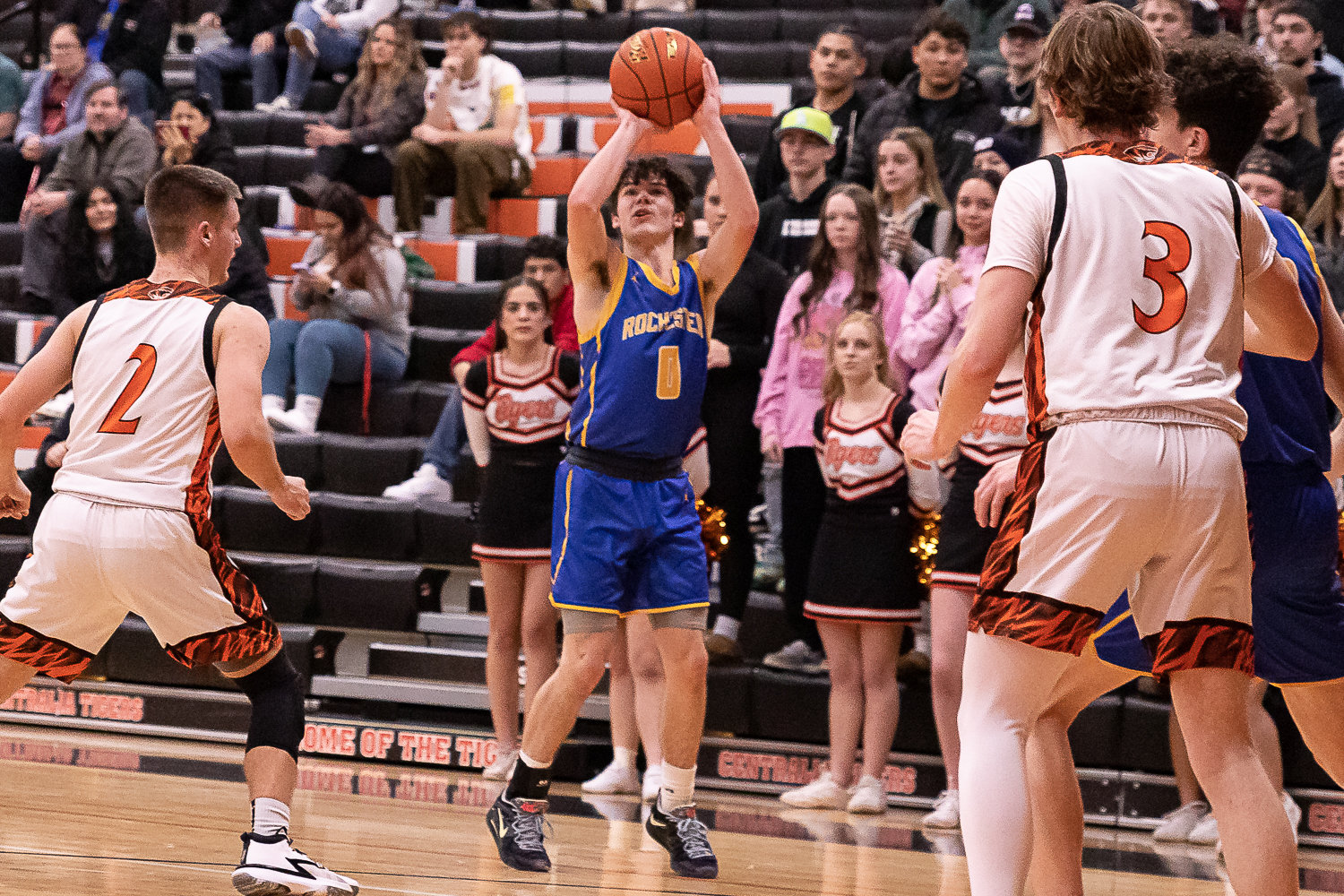 Rochester guard Carson Rotter takes a 3-pointer against Centralia Jan. 19.