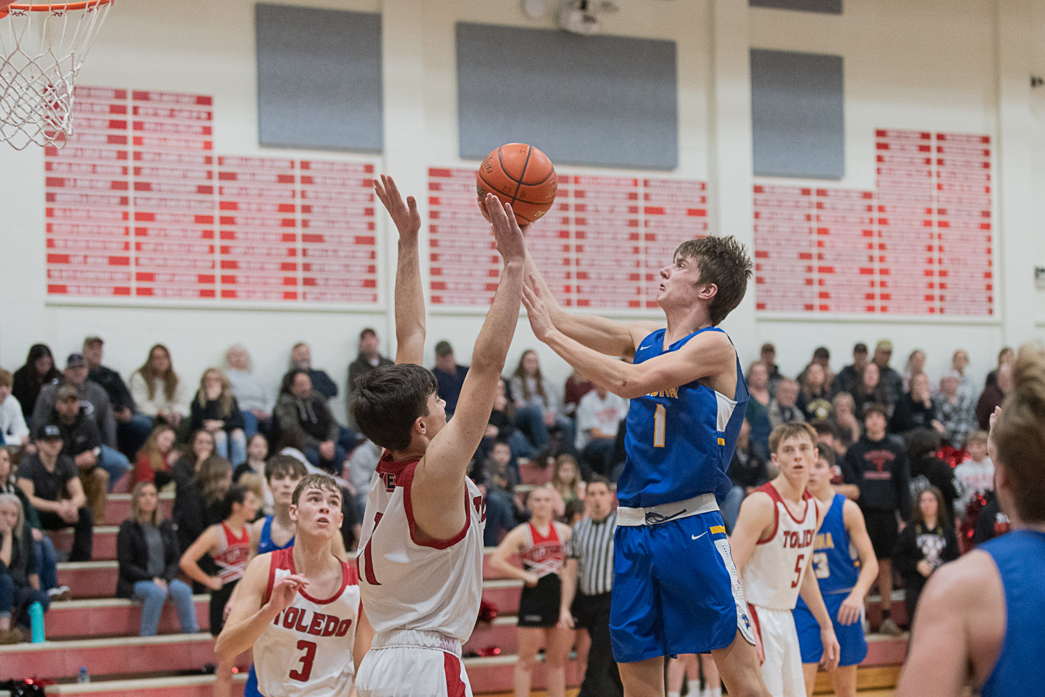 Seth Meister goes up in the lane during the second half of Adna's 52-51 loss at Toledo on Jan. 20.