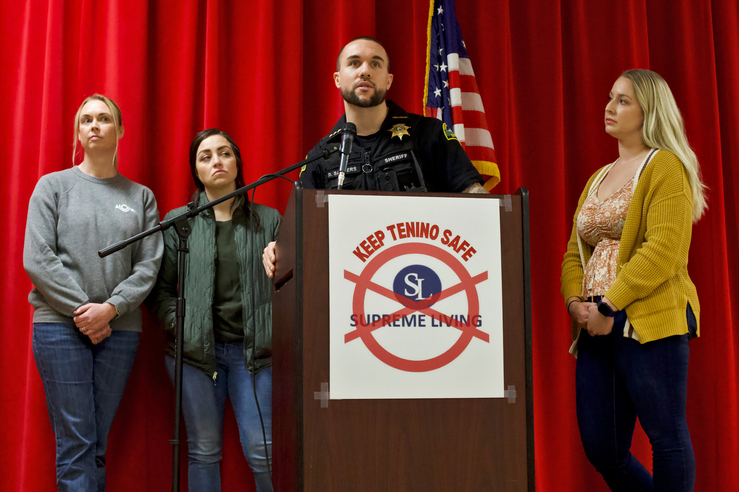 From left, Sarah Fox, Kerri Jeter, Thurston County Sheriff Derek Sanders and Kendall Tutlle answer questions during a community meeting at Tenino High School earlier this month.