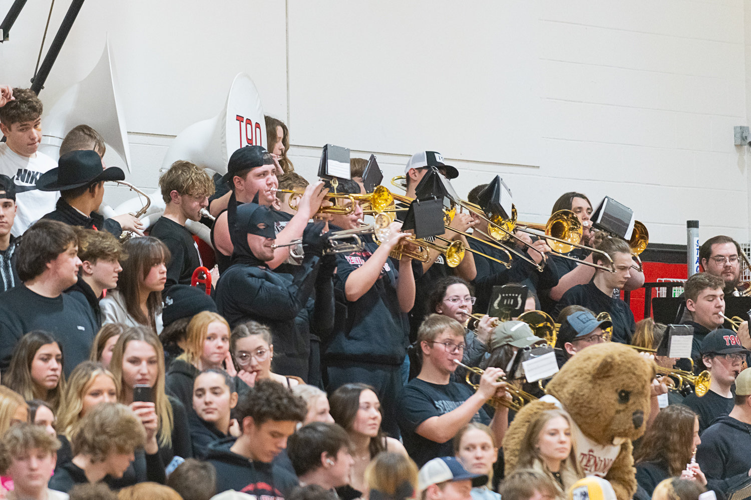 Batman takes the melodic lead for the Tenino band during the Beavers' 47-33 loss to Hoquiam on Jan. 24.