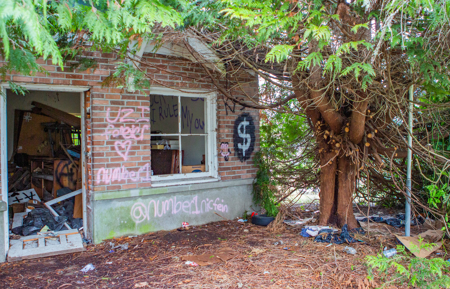 A building at Mountain View Cemetery in Centralia Wednesday overflows with trash and is covered in graffiti.