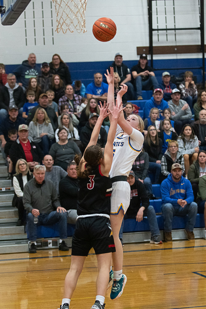 Gaby Guard draws contact in the post during Adna's 58-48 win over Mossyrock on Jan.27,
