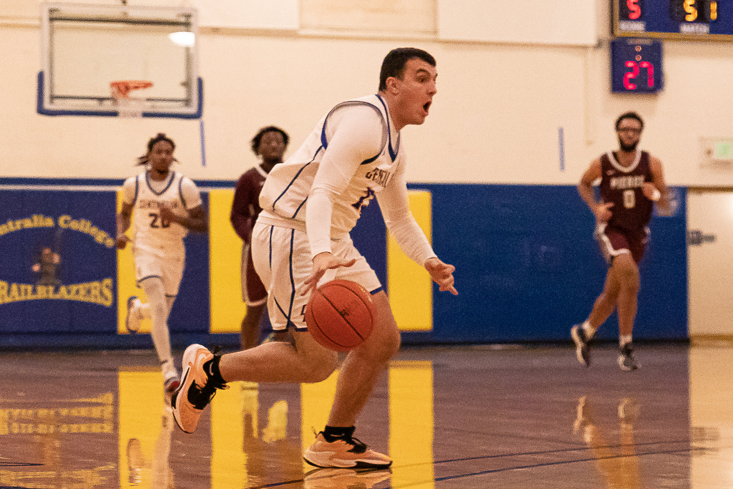 Centralia College guard Bryce Cline looks drive against Pierce Feb. 1 at Michael Smith Gym.