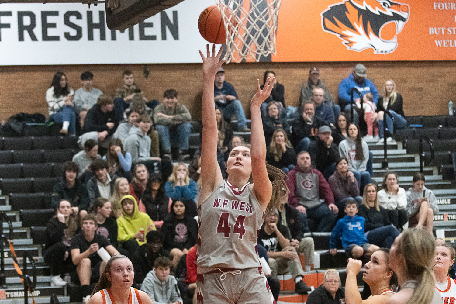 Julia Dalan gets two easy points in the paint during W.F. West's 71-23 win at Centralia on Feb. 1.