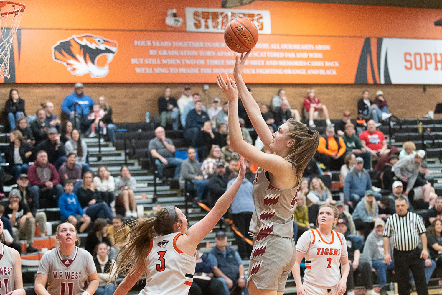 Julia Dalan hits a turnaround jumper in the post during W.F. West's 71-23 win over Centralia on Feb. 1.