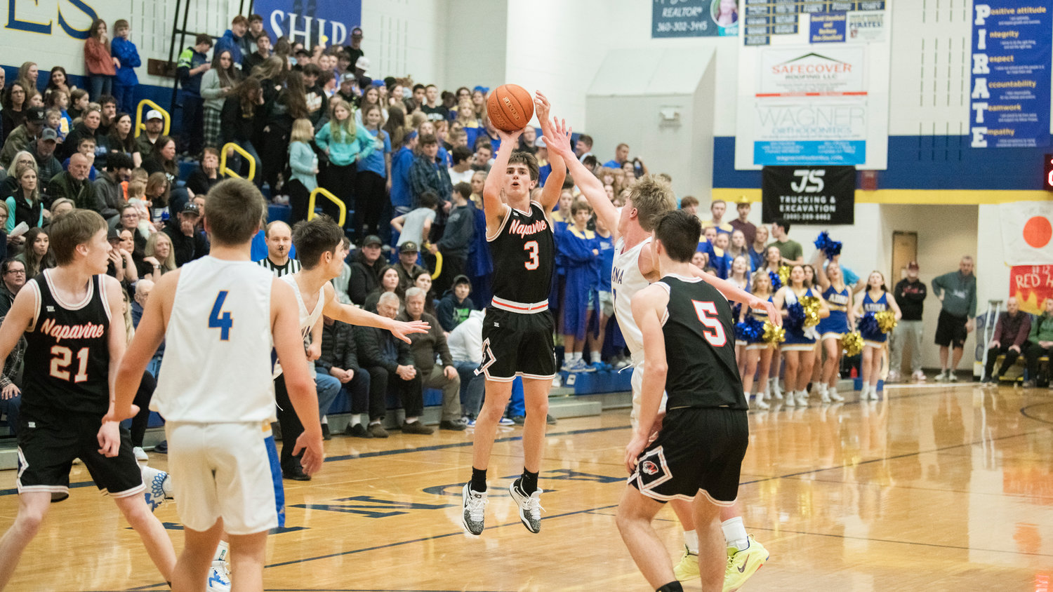 Napavine junior James Grose (3) puts up a shot from deep during a game against Adna on Thursday.
