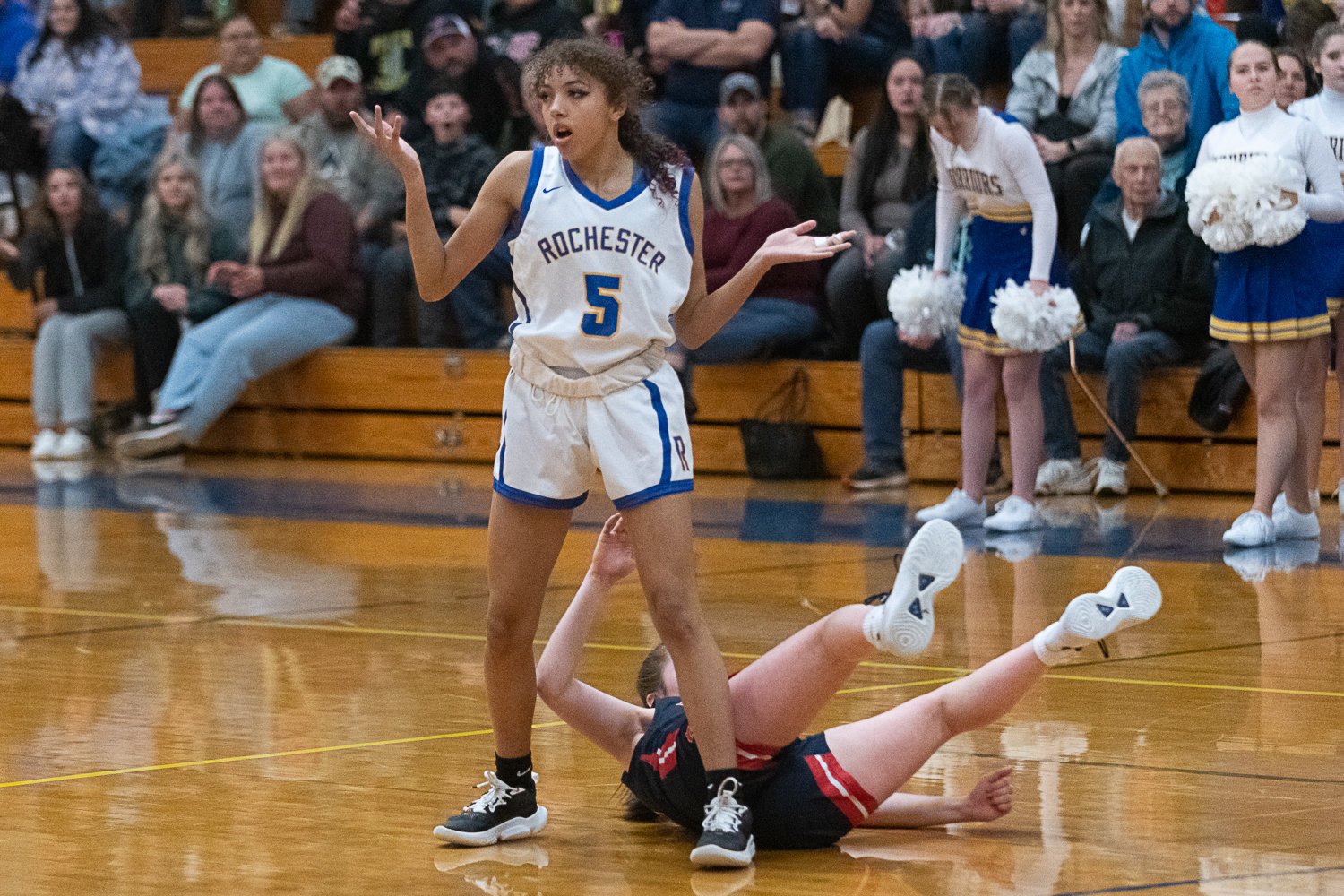 Rochester's Mercedies Dupont pleads her case after fouling Black Hills' Kiley McMahon during the fourth quarter of the Warriors' win over the Wolves on Feb. 3.