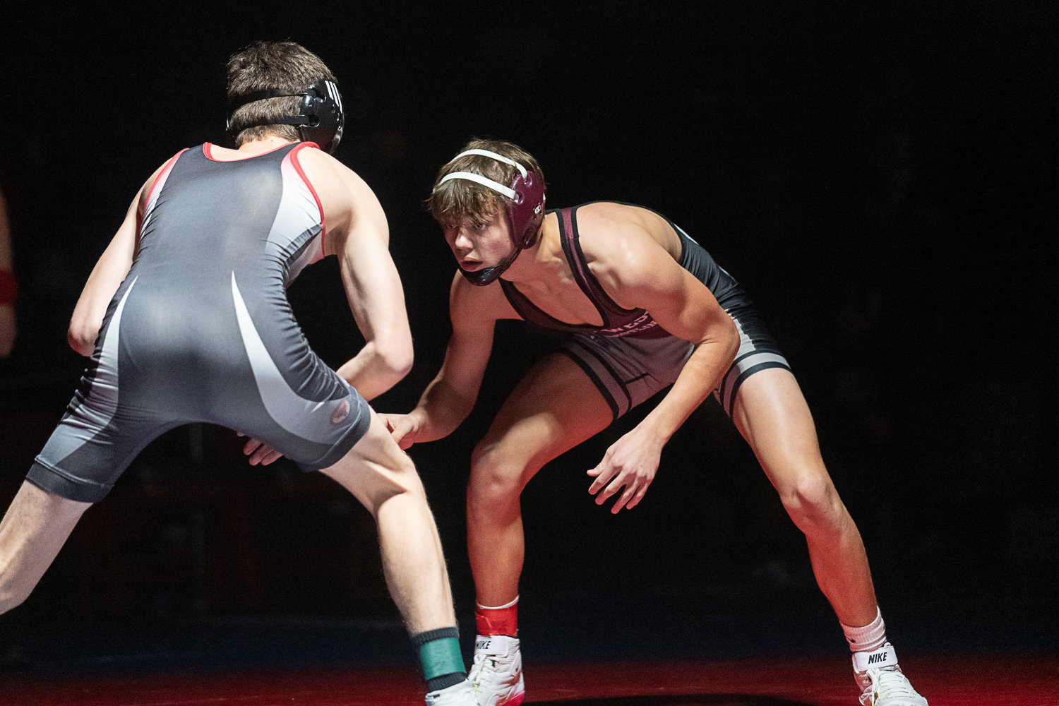 W.F. West's Race Scalici eyes up his foe during the 126-pound finals at the 2A Evergreen Sub-Regional Tournament at Black Hills on Feb. 4.